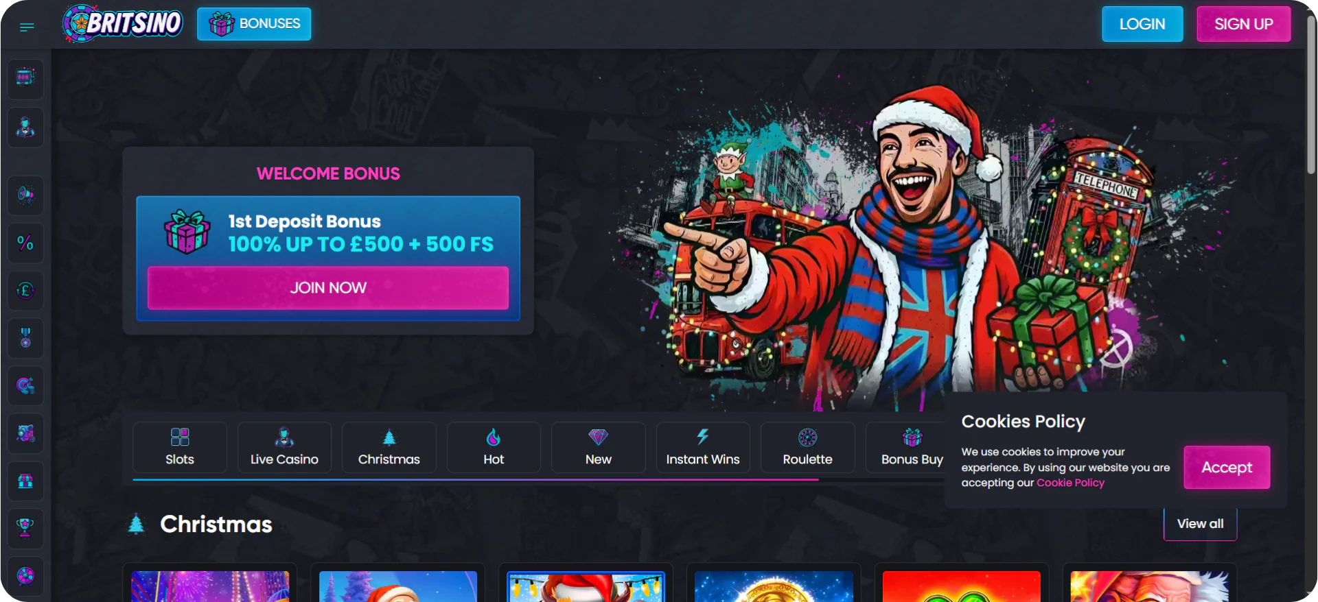 Britsino casino homepage displaying diamond themed slot collection