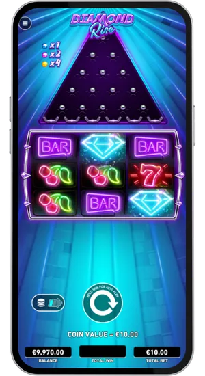 Diamond Rise base game showing three reels with BAR and Diamond symbols and a coin value of ten pounds