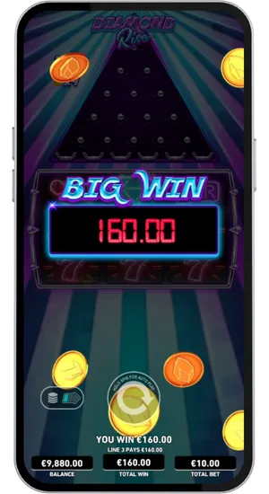 Diamond Rise Big Win screen showing a one hundred sixty pound payout with gold coins flying across the display