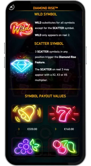 Diamond Rise paytable screen showing Wild and Scatter rules alongside Bell and Seven symbol payout values