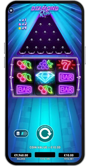 Diamond Rise reels mid-spin displaying Grapes, Cherries, and a glowing Diamond symbol in the centre position