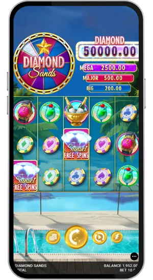 Diamond Sands base game with five reels active, chip and cocktail symbols visible, and the Diamond jackpot meter at the top