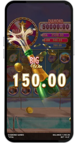 Diamond Sands Big Win celebration screen with a champagne bottle animation and one hundred fifty pound payout displayed