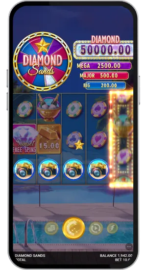 Diamond Sands reels showing four camera symbols aligned on the bottom row with a reel highlight and a fifteen pound win