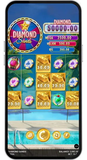 Diamond Sands reels covered in gold bar money symbols with multiple simultaneous win values shown across the grid
