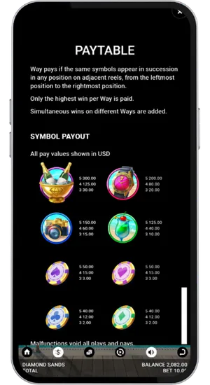 Diamond Sands paytable screen listing all symbol payout values in USD from champagne bucket down to low-tier chip symbols