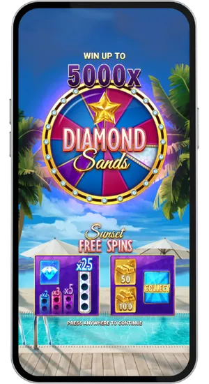 Diamond Sands intro screen showing the Sunset Free Spins feature rules with win up to 5000x multiplier display