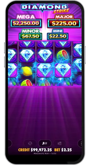 Diamond Strike diamond wild feature filling the reels with lightning effects and scattered fruit symbols visible