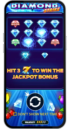 Diamond Strike jackpot bonus pick screen showing Major and Minor prize diamonds arranged in a grid