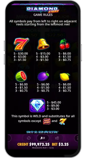 Diamond Strike paytable showing all symbol payouts from Red 7 down to fruits with the wild diamond rule explained