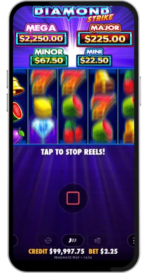 Diamond Strike reels spinning in motion with a tap to stop prompt and active jackpot meter at the top