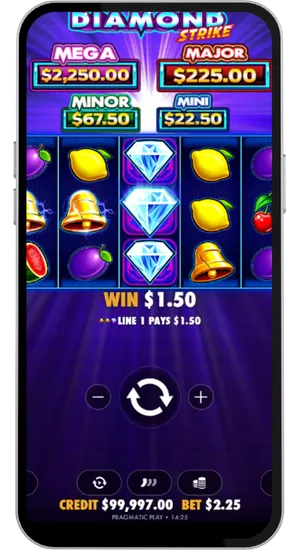 Diamond Strike win screen highlighting a paid payline combination with the win amount shown below the reels