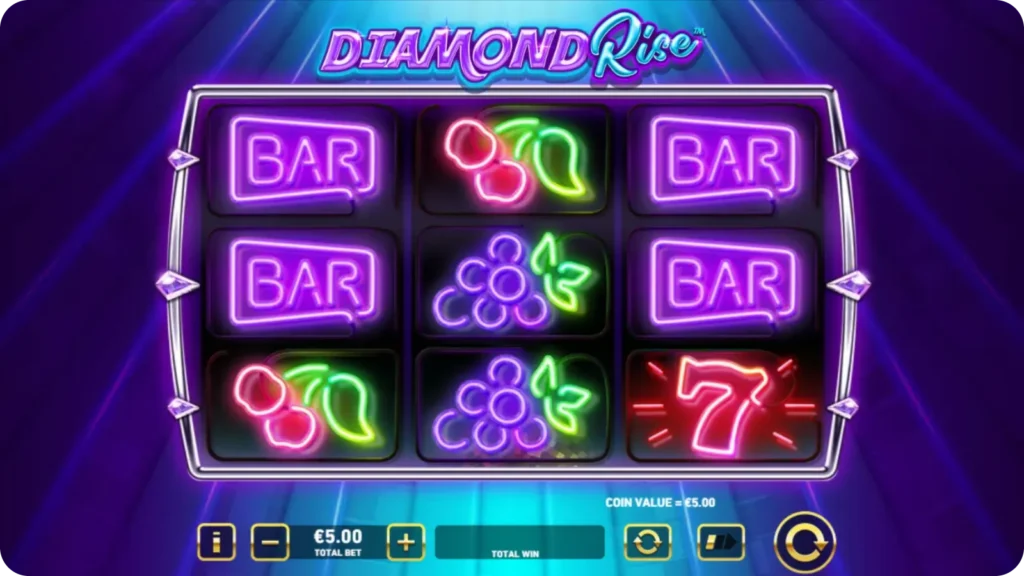 Diamond Rise slot screen with retro fruit symbols and neon design