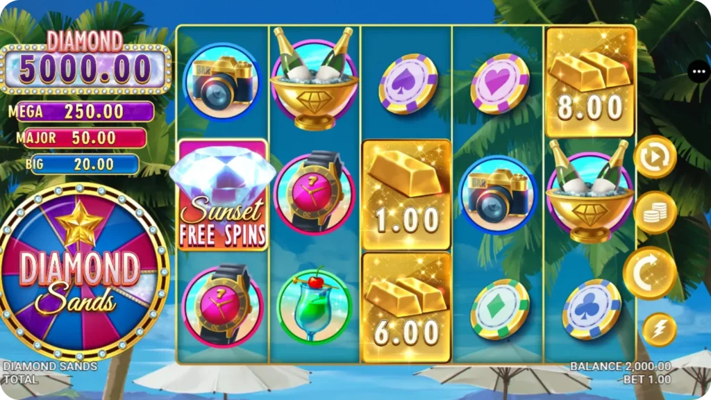 Diamond Sands slot gameplay screen with beach resort symbols and bonus wheel