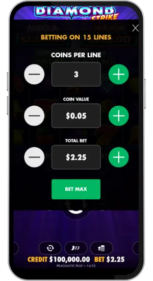 Slot paytable open alongside the bet adjustment panel showing stake options sized to fit different bankroll levels