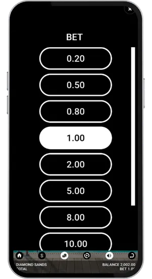 Slot bet controls panel open with stake level selector highlighted and bankroll balance shown before the first spin