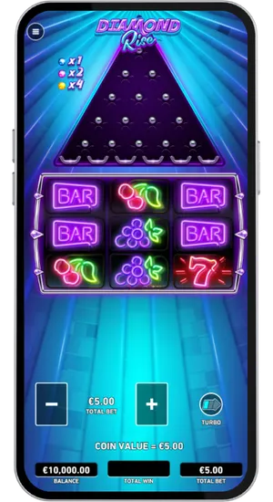 Diamond Rise bet controls panel with adjustable stake slider and paytable open showing symbol payouts before the first spin
