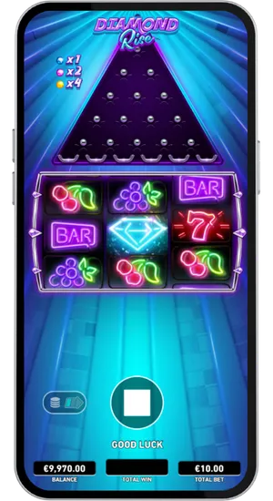 Diamond Rise slot mid-spin with three paylines lit up, gem symbols on the reels, and a Scatter symbol triggering the bonus feature