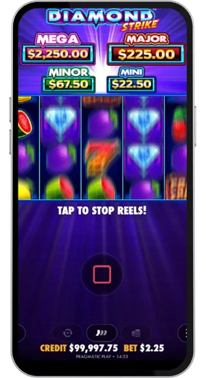 Active slot session with reels in motion highlighting golden 7 symbols and diamond wilds that trigger the game's key bonus features